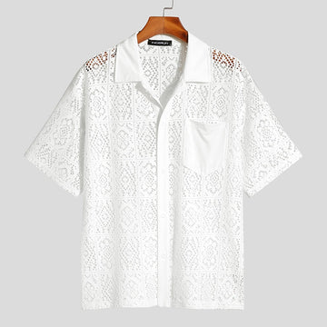 Fashion Casual Style New Men's Tops INCERUN Hollow Lace Pane Flower Printed Blouse Male Knitted Short-sleeved Shirts S-5XL